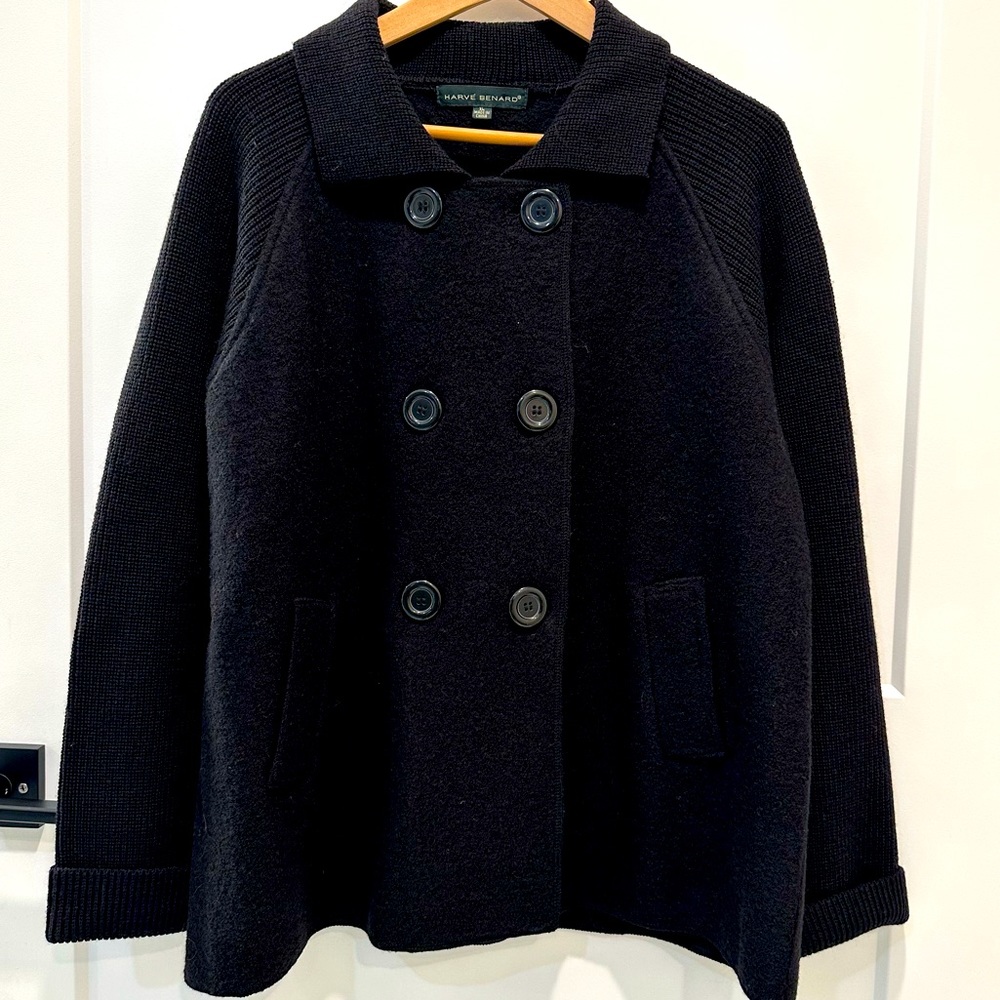 Harve Bernard Women’s Black Wool Double Breasted Sweater Coat Size XL